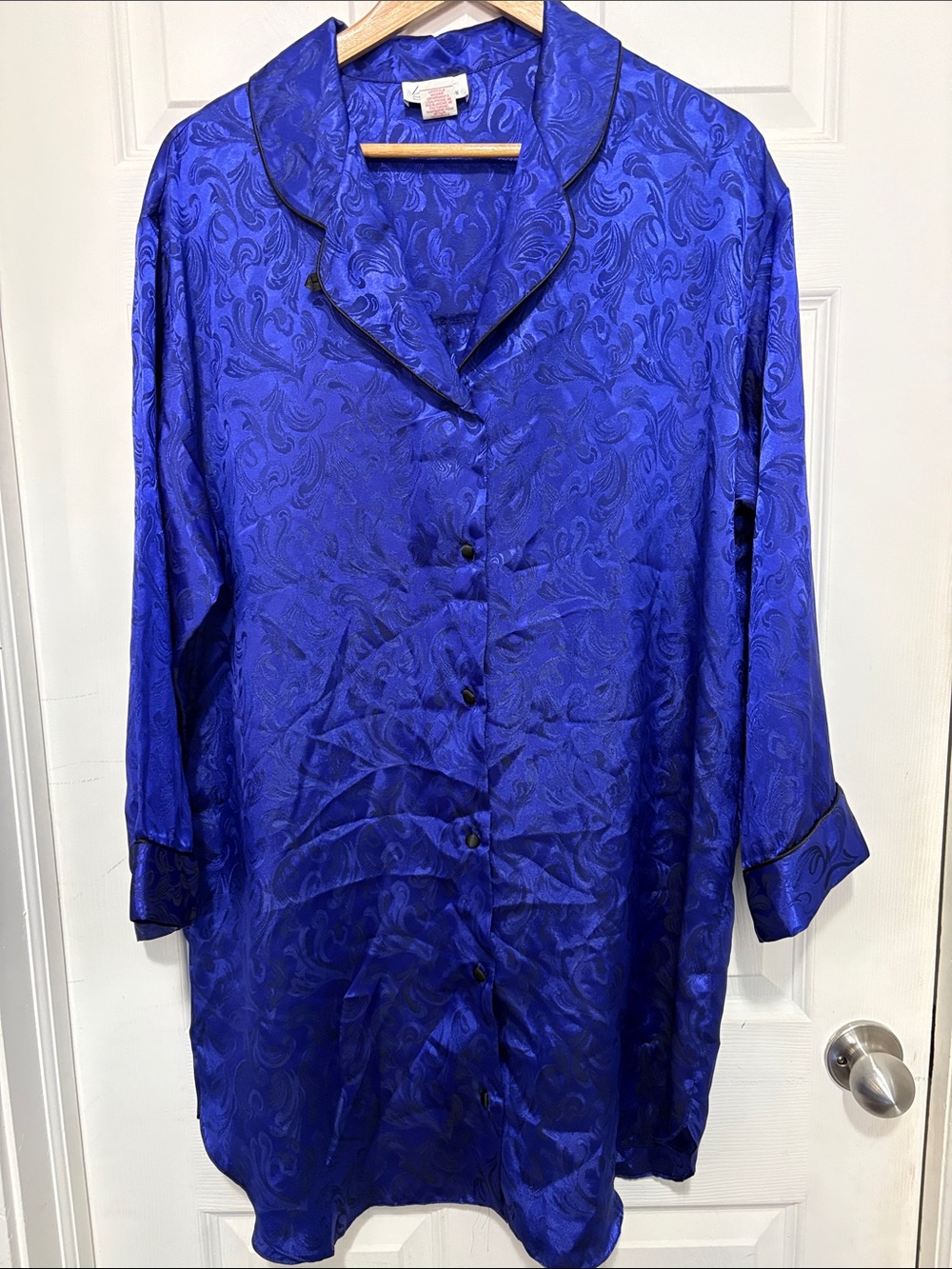 Vintage Blue Paisley Satin Button-Up Night Shirt